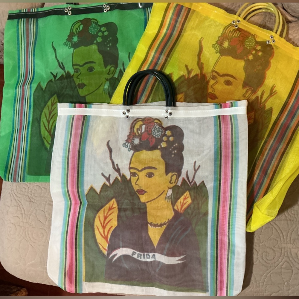 Frida Kahlo Mexican Artist Bundle 3 Mesh Tote Bags - White, Green and Yellow - Picture 7 of 9